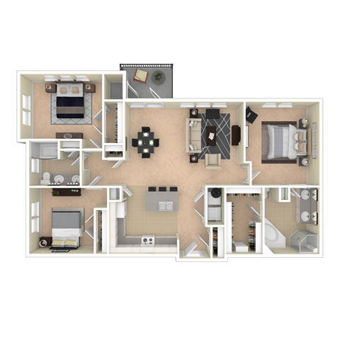Floor plan for 3 beds, 2 baths, 1387 sqft